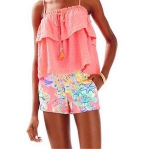 Lilly Pulitzer Shirt Womens Sz L Mays Hot Pink Tank Ruffle Preppy Beach Tassel